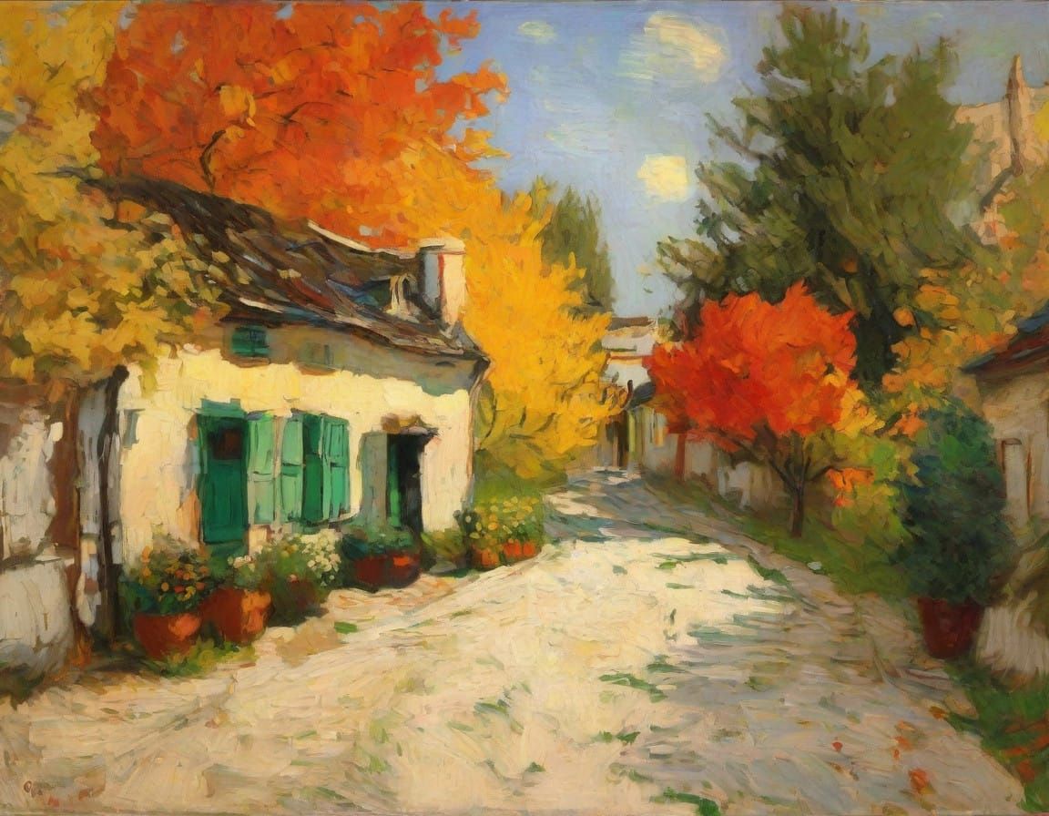 Cozy Autumn Village in Warm Earthy Tones, Inspired by Impres...