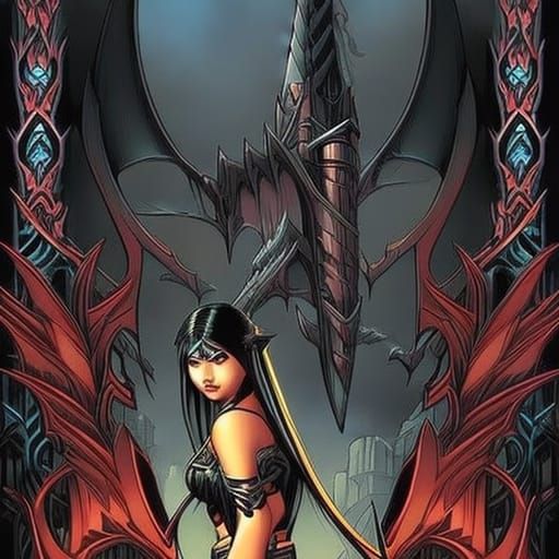 Gothic Asian Girl with Bat Wings in Comic Art Style