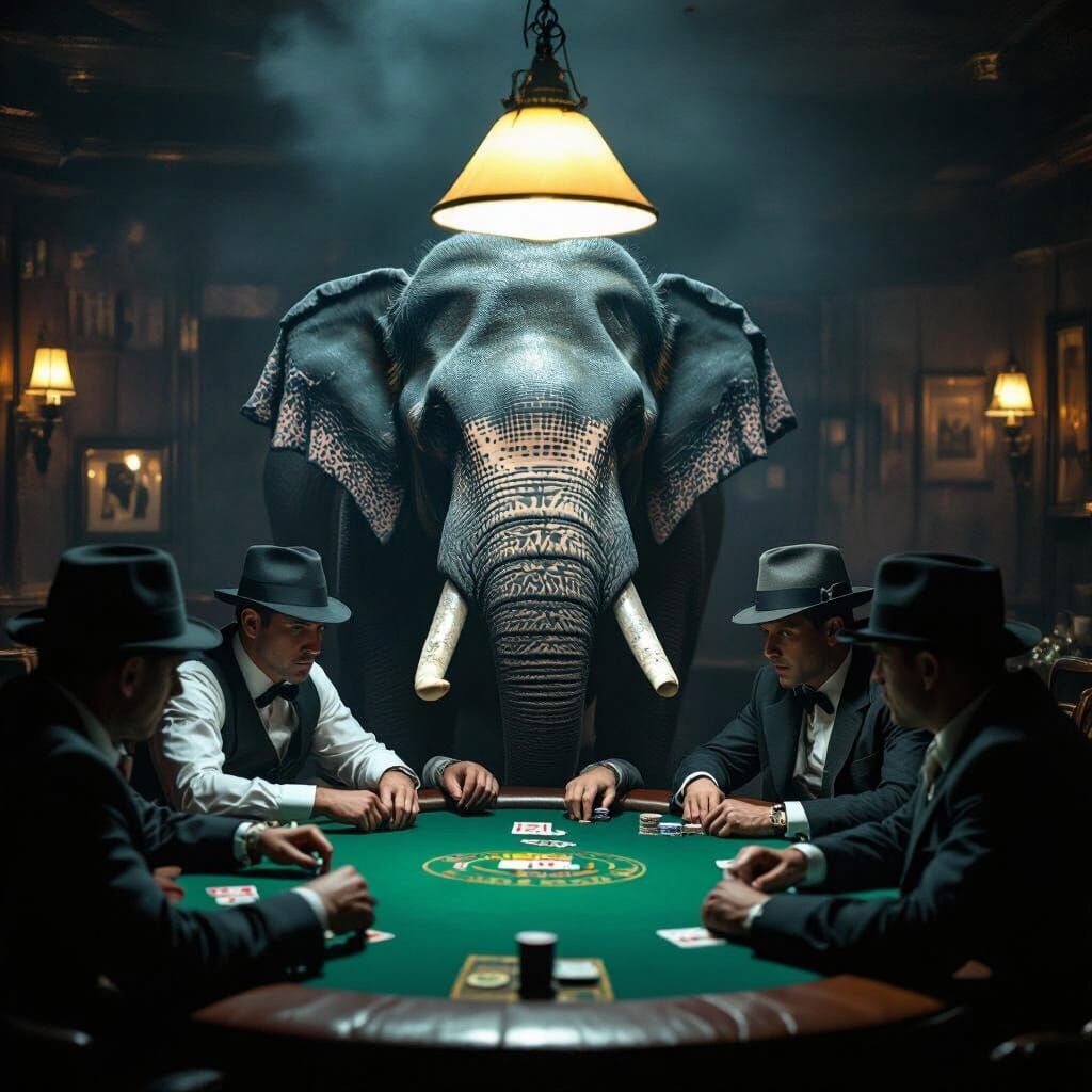 Gangsters and Elephant Play Poker in 1920s Speakeasy
