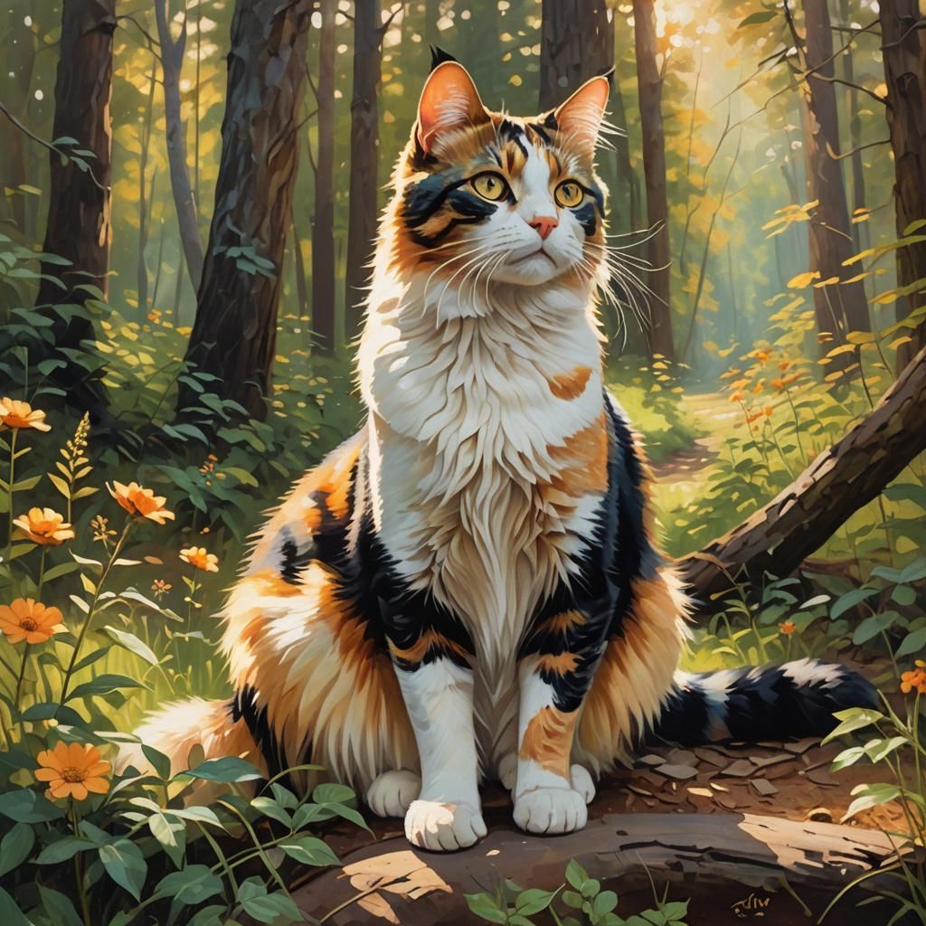 Calico Cat in Forest Clearing: Oil Painting