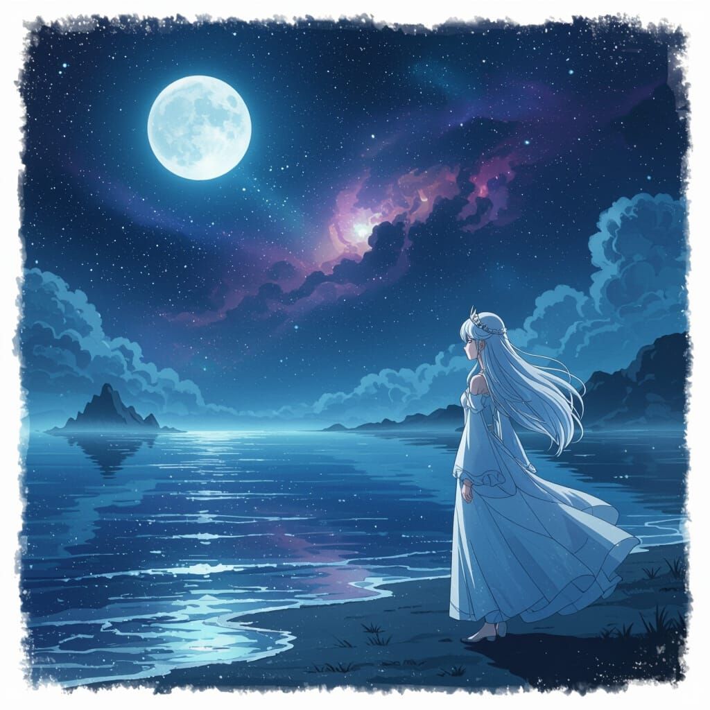 Anime Princess on Misty Shore Under Nebula Sea