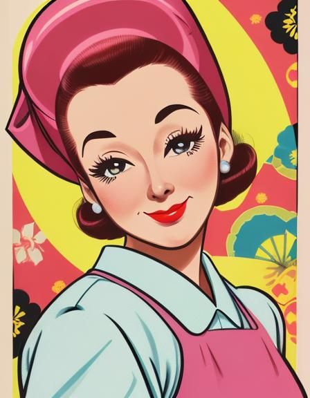 Bright Cartoon 50s Housewife Portrait in Anime Style