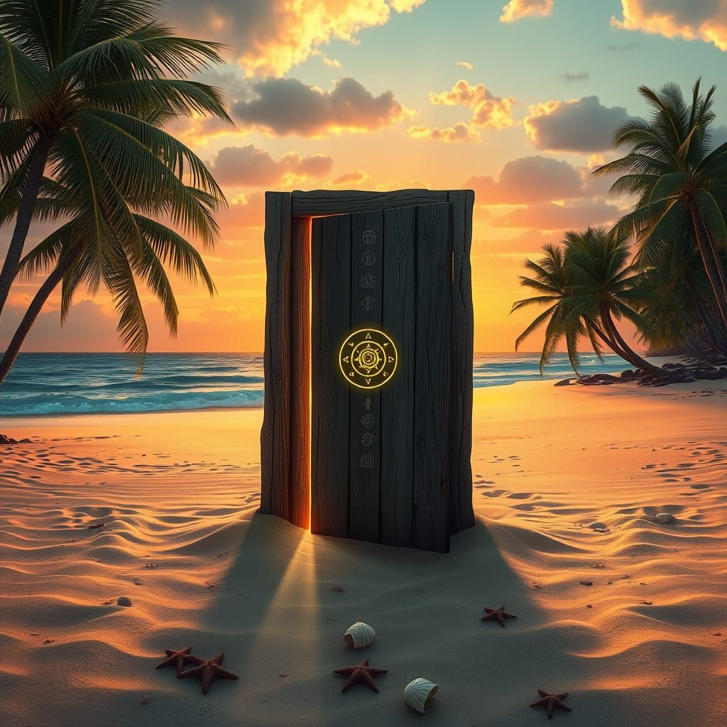 A serene tropical beach at sunset with golden sands, swaying...