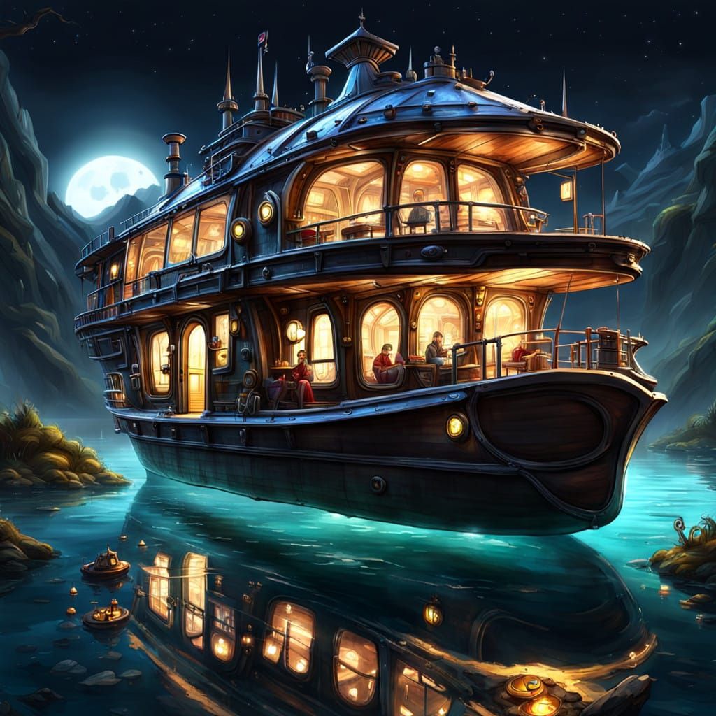 Surreal Utopian Houseboat in Arcane Punk Style