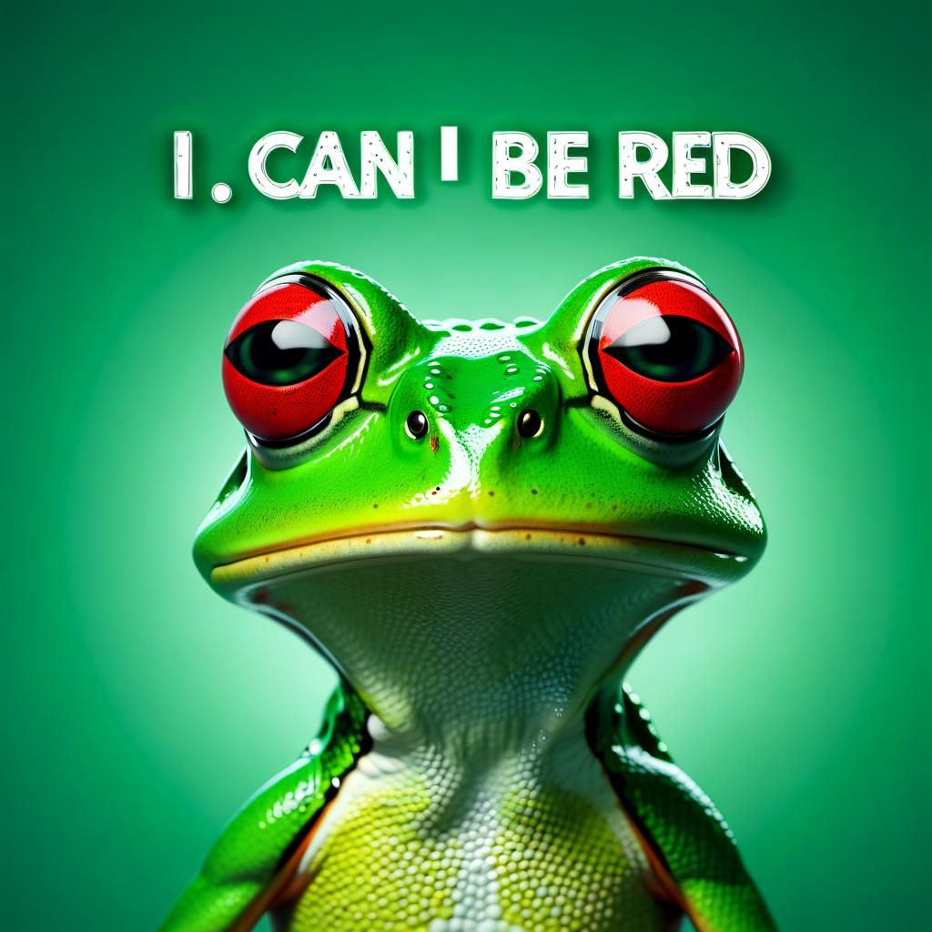 A green frog holding a sign with the words ["I can be red"]