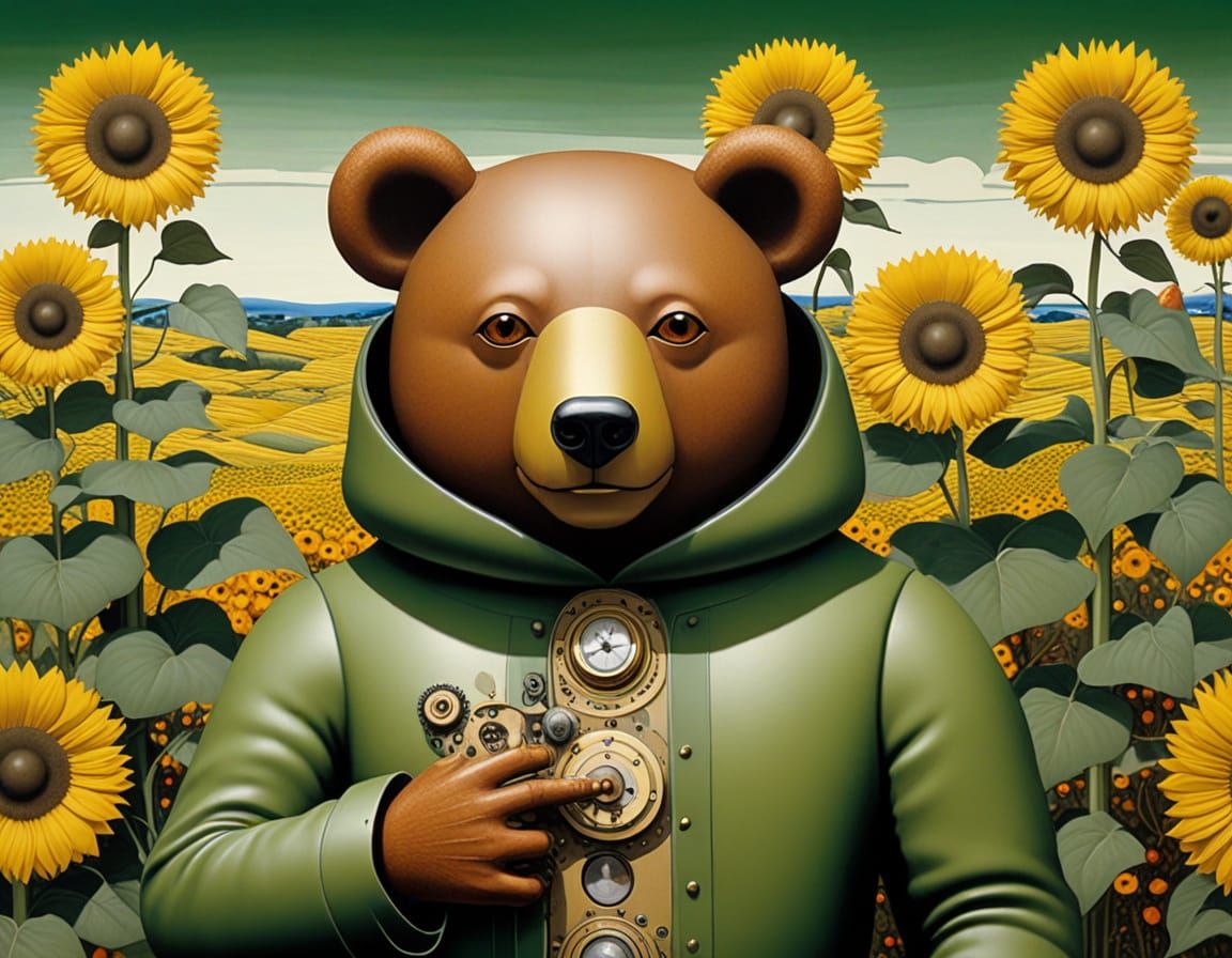 Steampunk Teddy Bear Automaton in Withered Sunflower Field