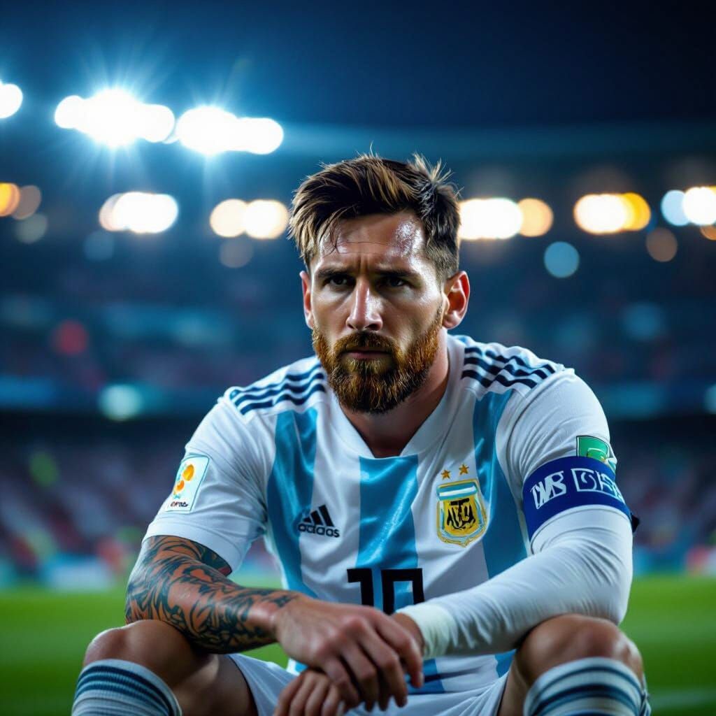 Lionel Messi Reflects on Pitch in Realistic Sports Photo