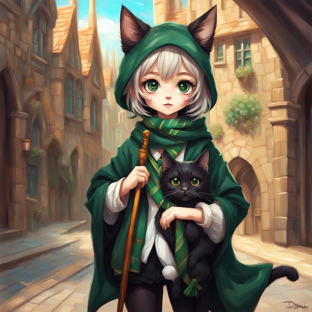 Anime Cat Girl at Hogwarts in Van Gogh Style