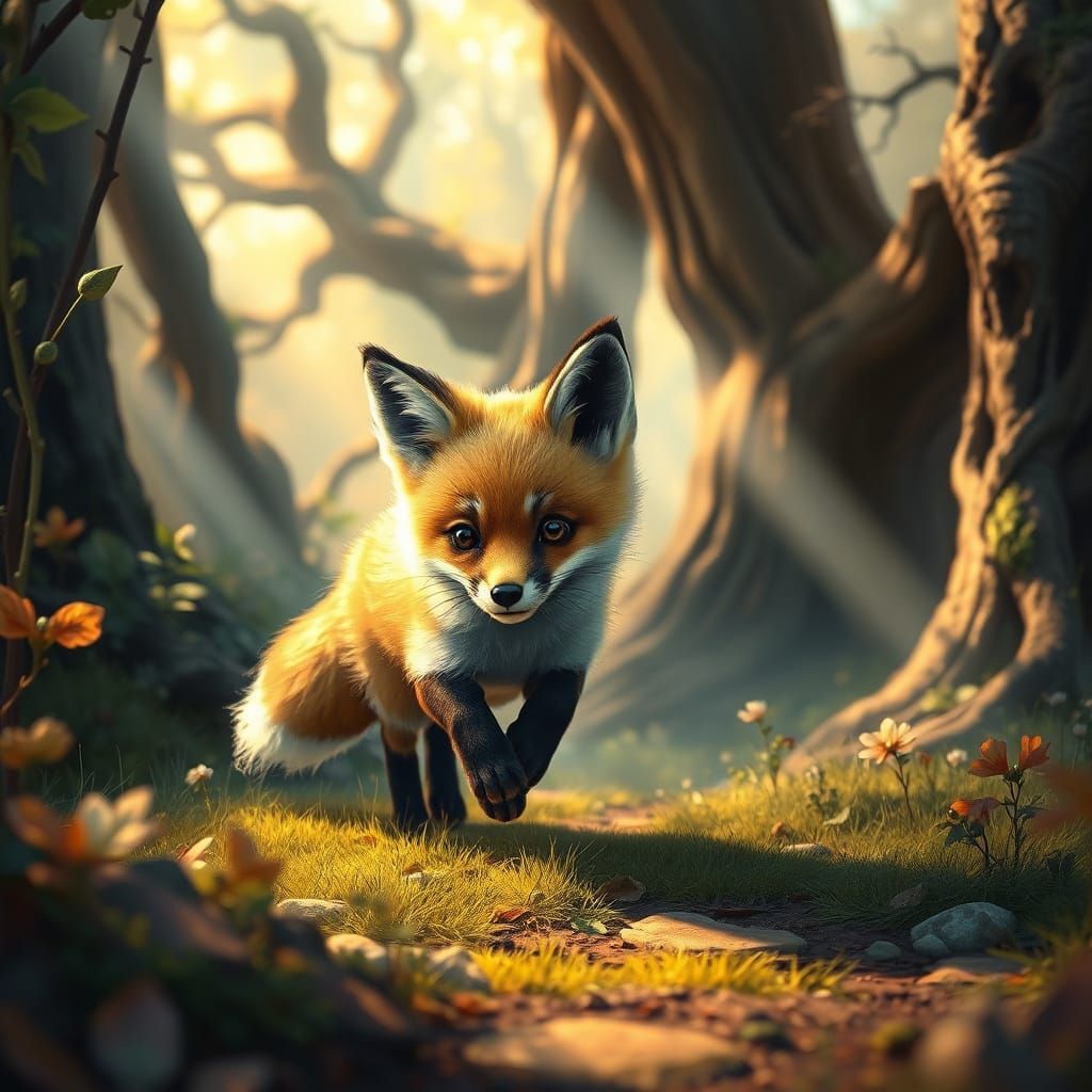 Whimsical Baby Fox in Lush Fantasy Landscape