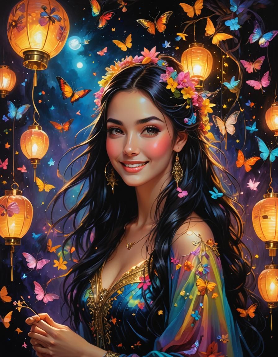 Neon Fairy Woman Portrait in Oil Painting Style