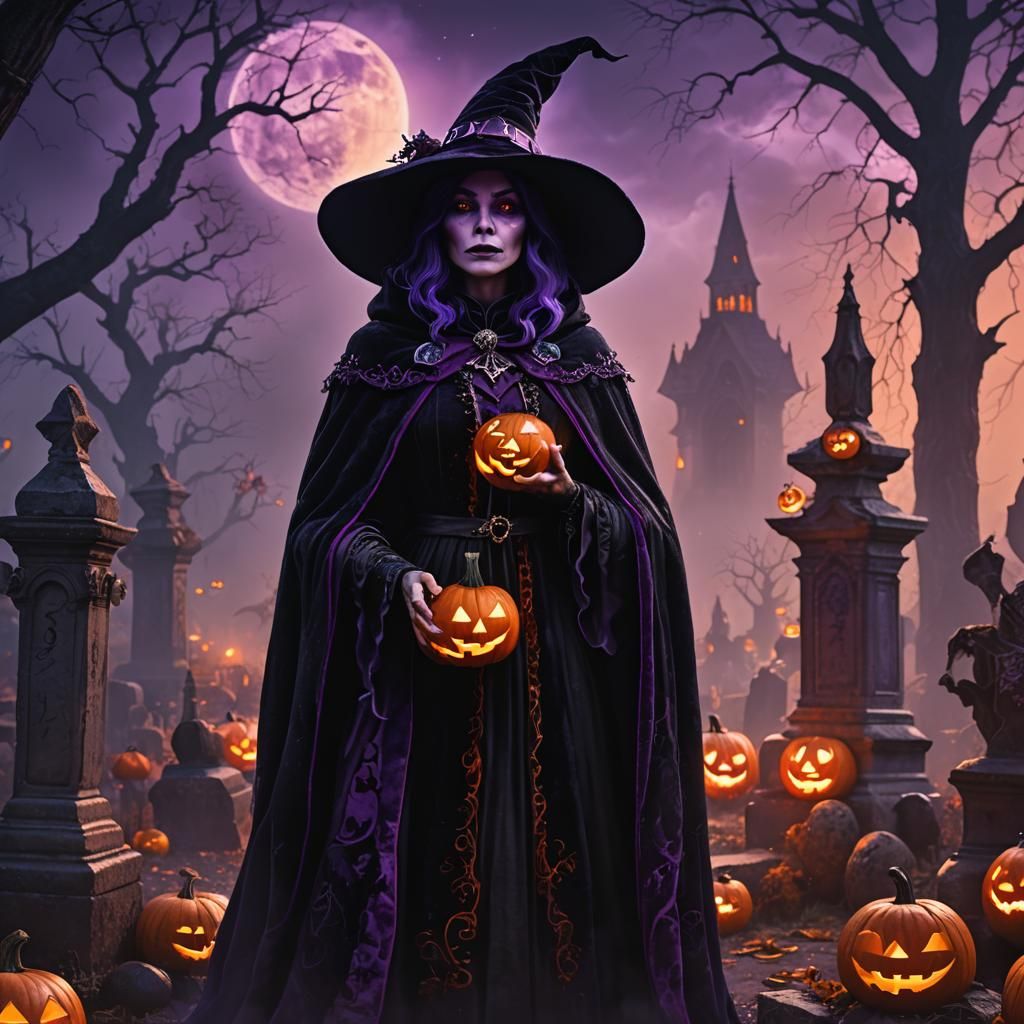 Regal Witch in Graveyard: Dark Fantasy Art