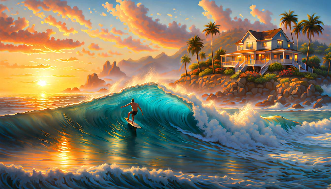 Golden Hour Seascape with Surfers, Photorealistic Style