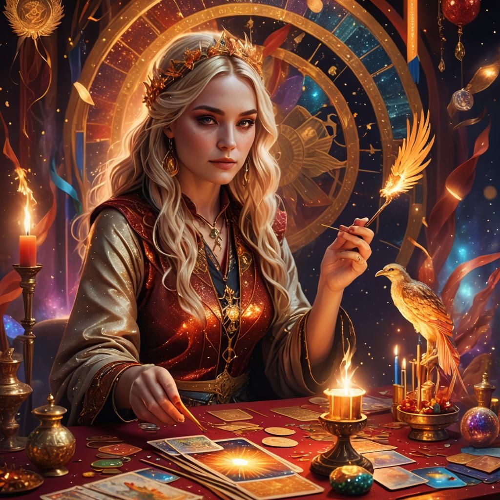 Blonde Tarot Reader with Phoenix Wand, Digital Art