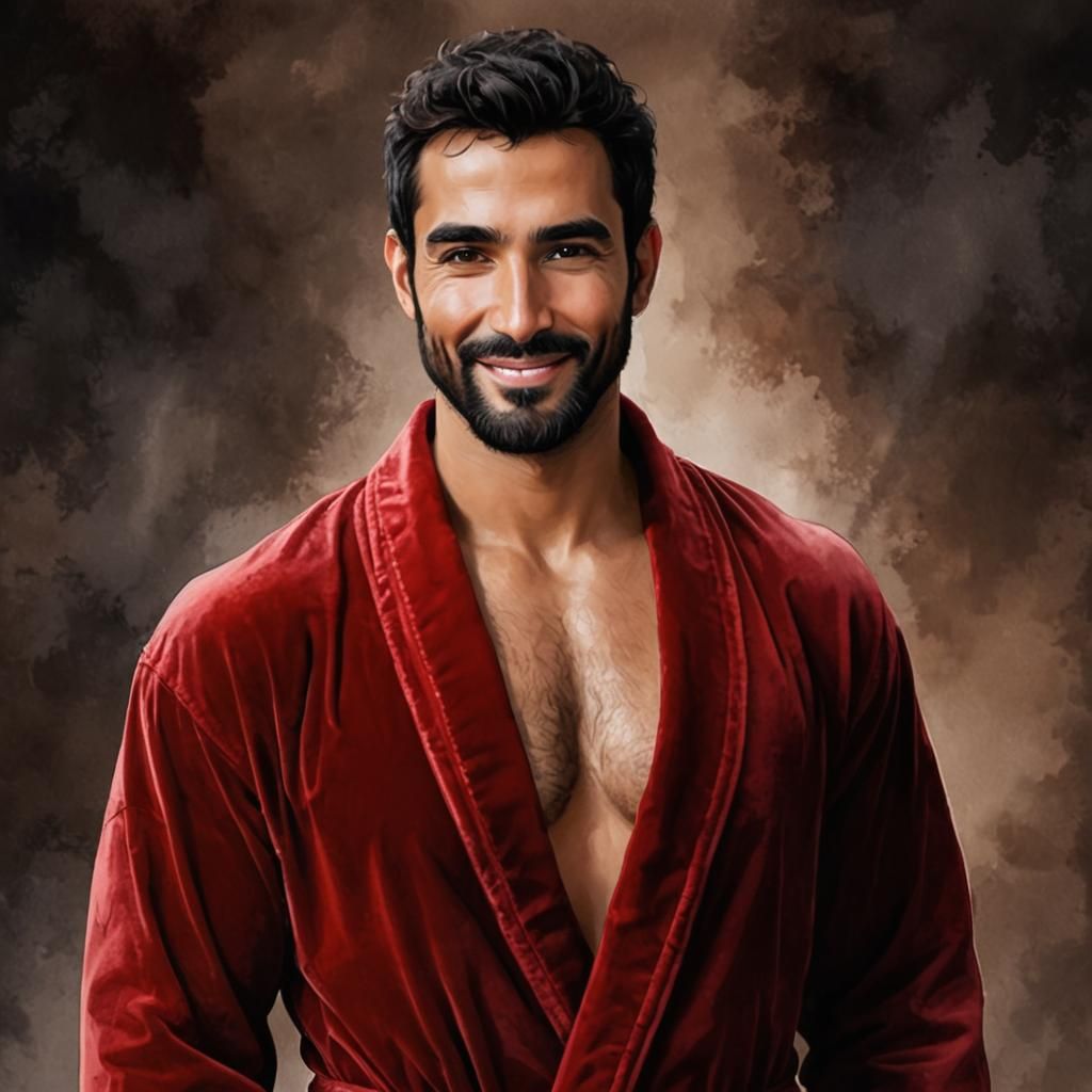 Handsome Man in Red Velvet Robe, Alcohol Ink Art