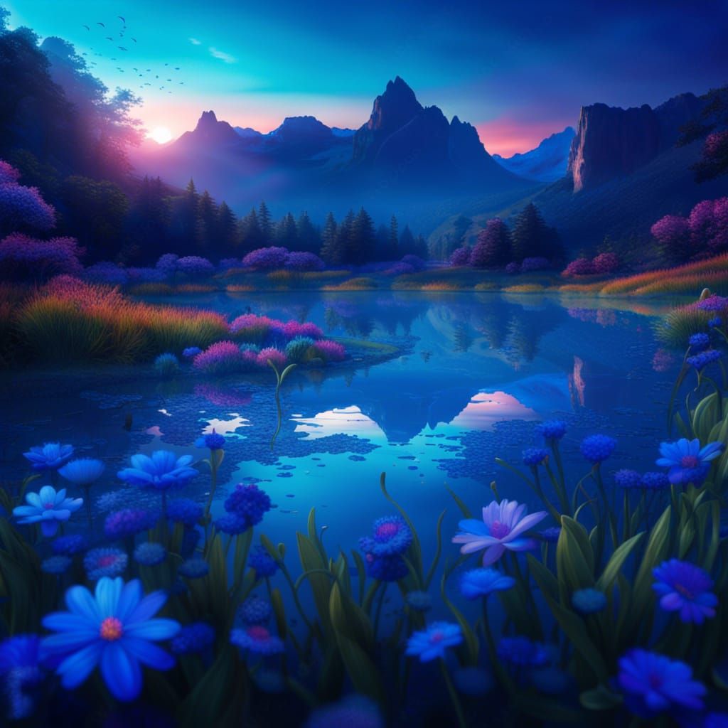 Blue Mountains Landscape with Sunset and Flowers