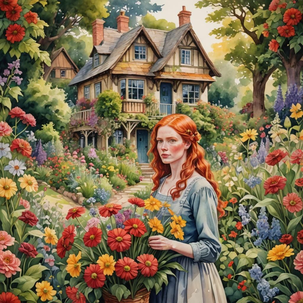 Woman with Flowers in Watercolor Cottage Garden