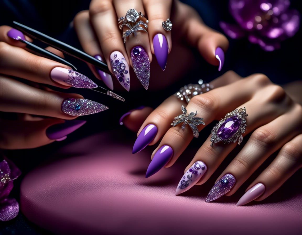 beautiful purple decorated acrylic nails
