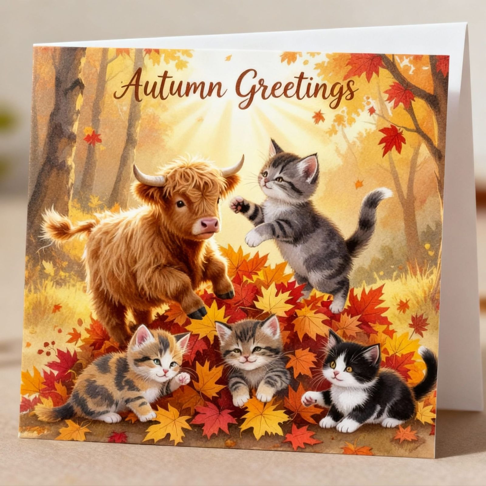 A greeting card of baby Highland cows and kittens playing in...