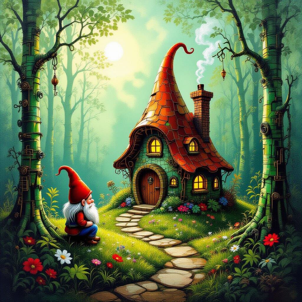 Surreal Gnome Village in Mechanical Forest