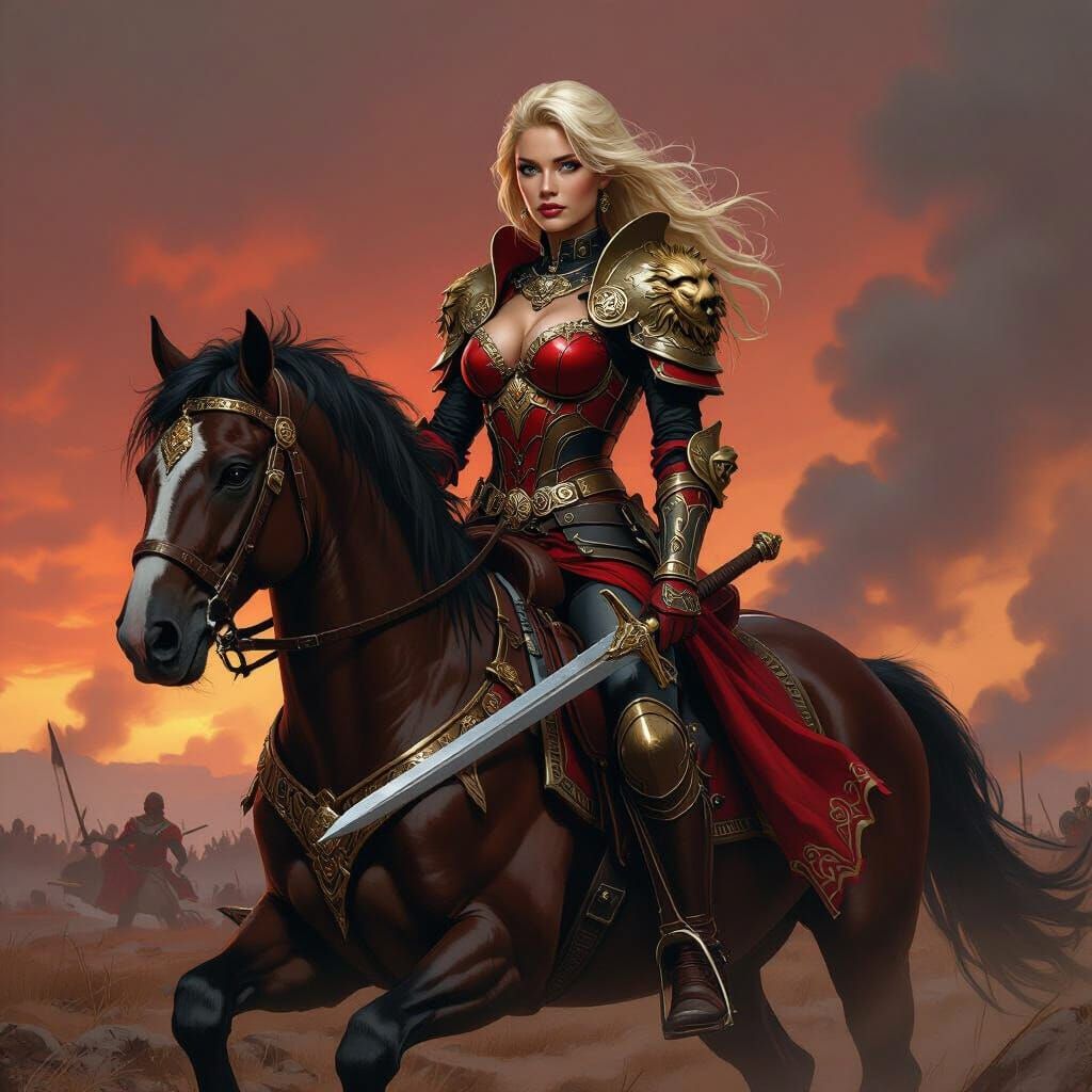 Armored Woman on Horseback in Epic Battlefield Scene