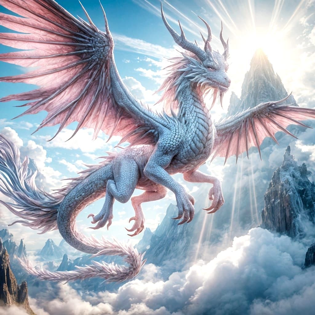Majestic White and Pink Dragon Soaring Above Mountains
