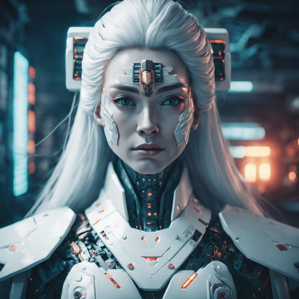 Cyberpunk Geisha Android Portrait in Futuristic Repairshop