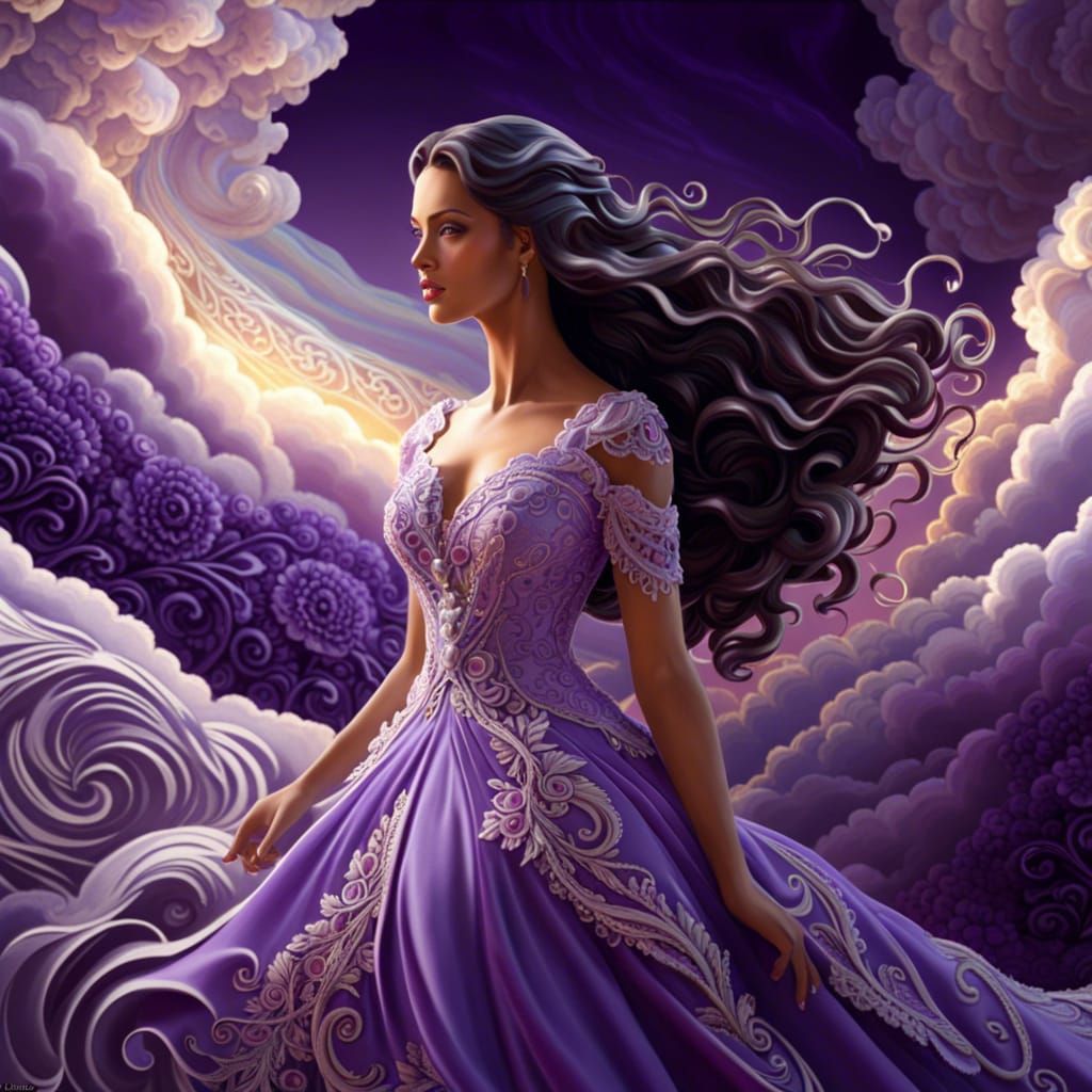 Italian Woman in Lilac Clouds, Storybook Illustration