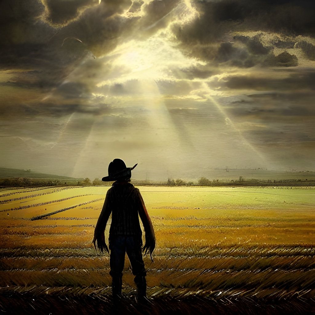 Sinister Scarecrow in Ruined Field at Sunset