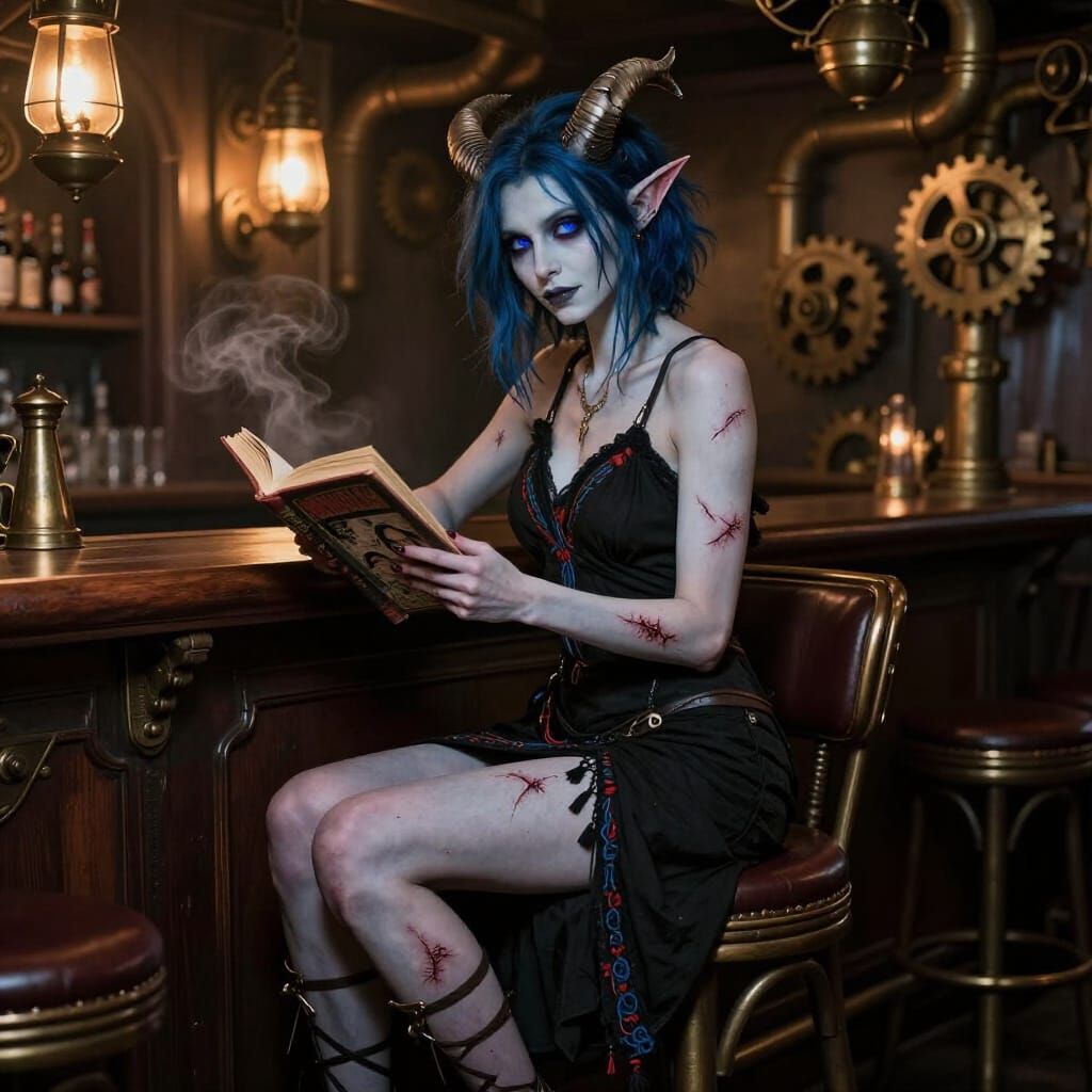 Steampunk Tiefling Woman Reading in Tavern