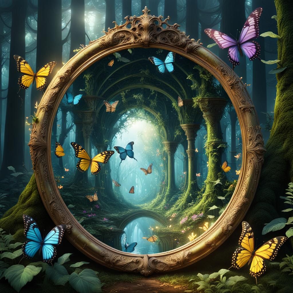 Fairies and Butterflies in Forest Mirror: Digital Matte Pain...