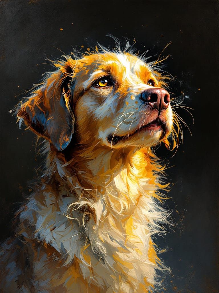 Dog Bathed in Golden Light, Romantic Painting Style