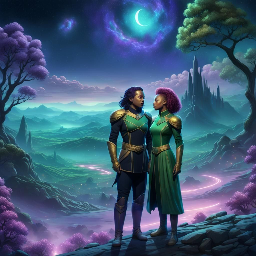 B'Elanna and Tom in Starry Fantasy Landscape