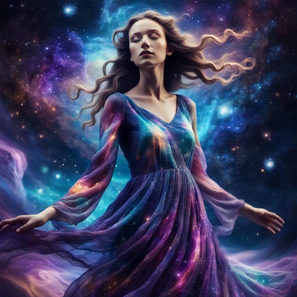 Celestial Woman with Galaxy Eyes in Surreal Style