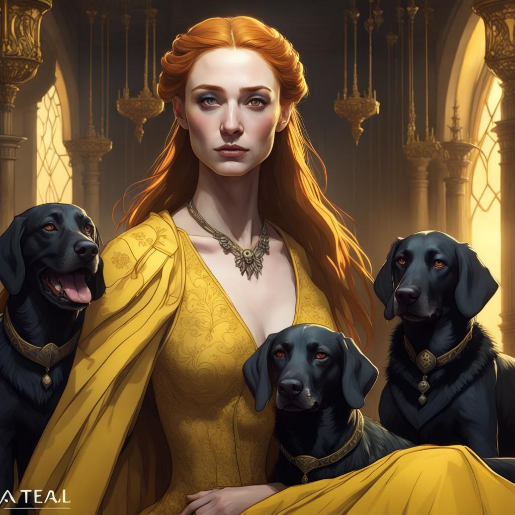 Elegant Portrait with Hounds: Art Nouveau Style