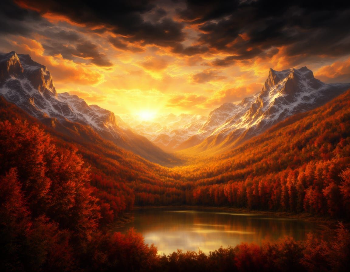 Fantastical Autumn Landscape with Radiant Sunlight and Mount...