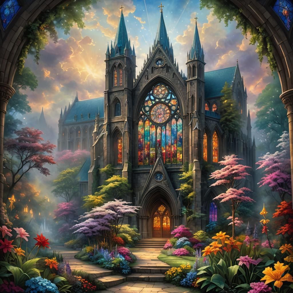 Stained Glass Cathedral Altar with Balsam Flower