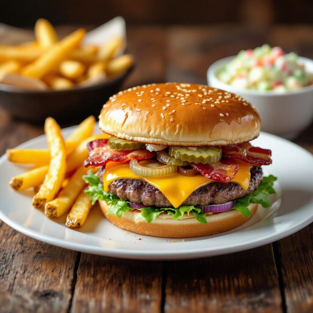 Juicy Double Cheeseburger with Bacon and Fries