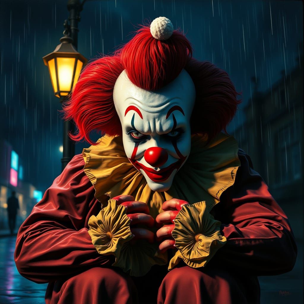 Elegant Clown Under Streetlight at Night