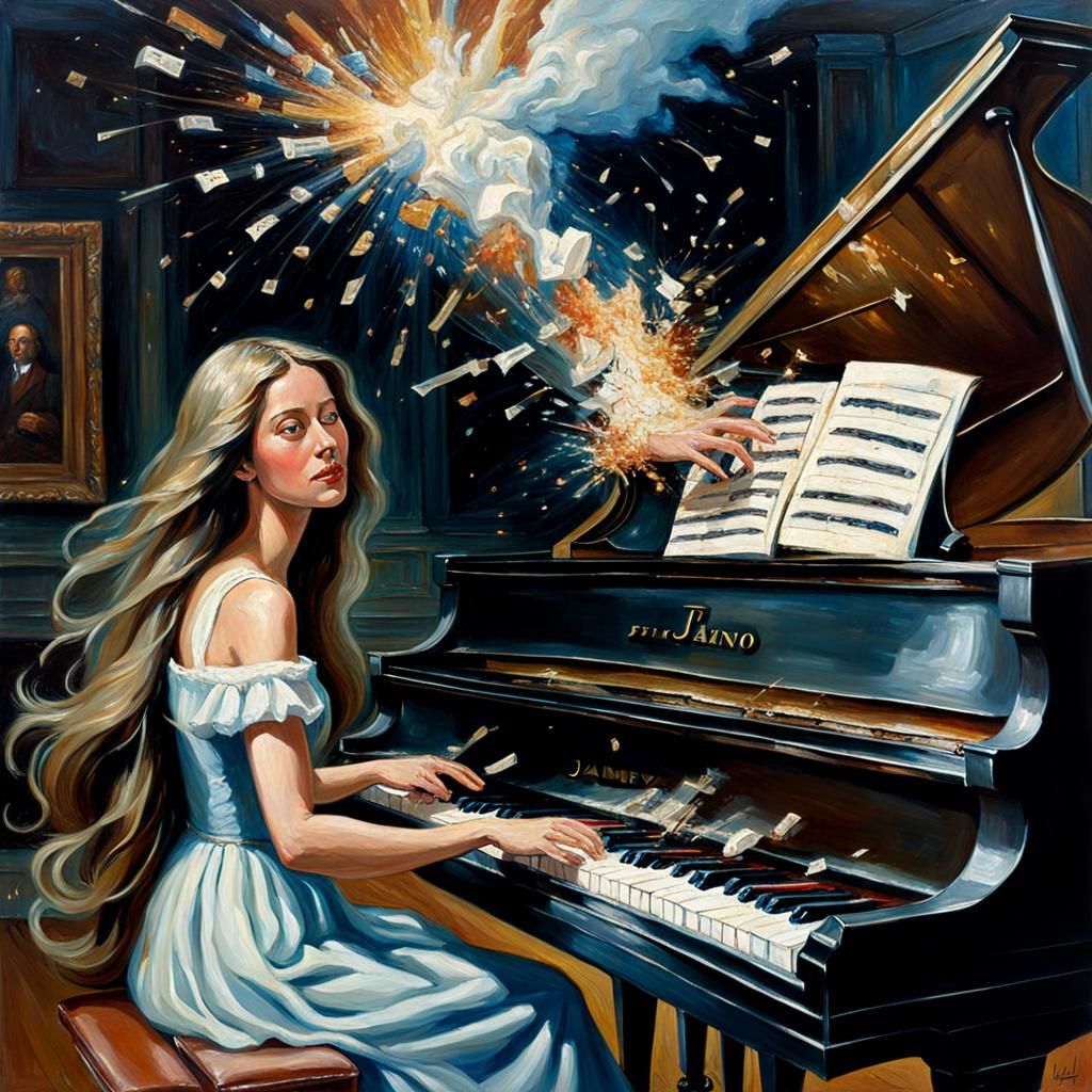 Piano Notes Exploding in a James Gurney Oil Painting