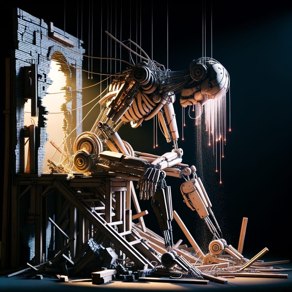 Despairing Robot Made of Architecture in Dystopian Setting