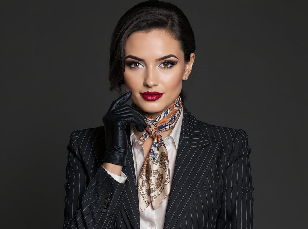 Woman Proudly Adorned with Numerous Silk Ties