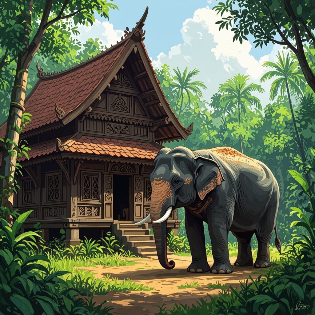 Elephant Near Traditional House in Fantasy Realism Style