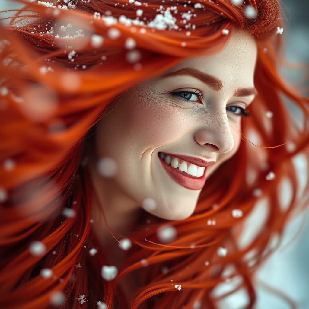 Enchanting Red Haired Woman in Ethereal Snow Scene