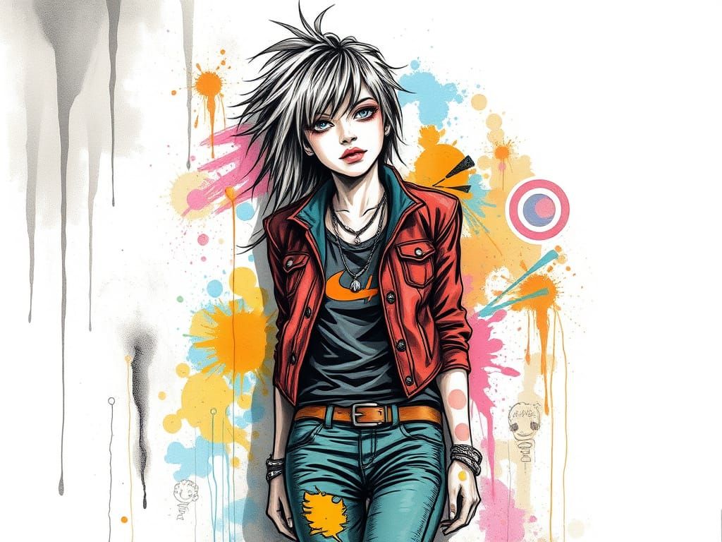 Vibrant Punk Girl Leans Against a Colorful Graffiti Wall