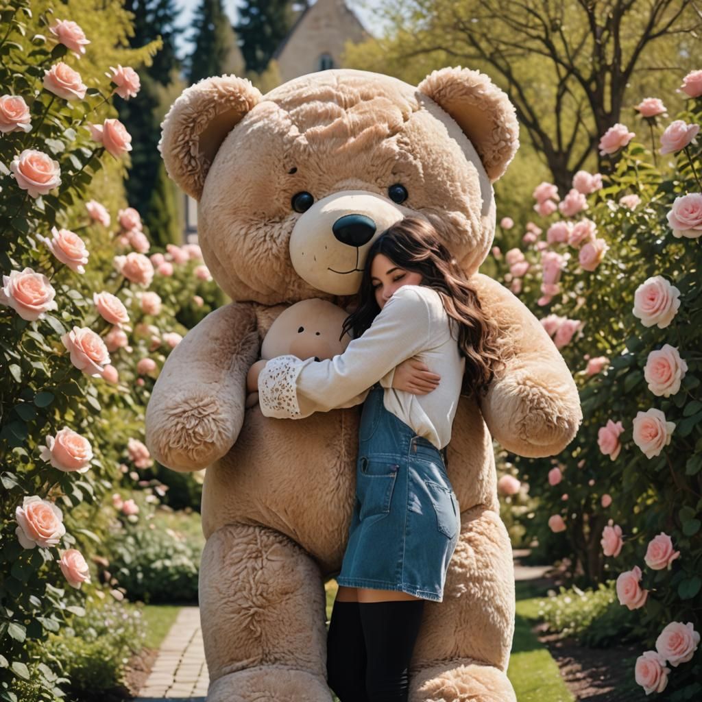Girl and Giant Teddy Bear in Rose Garden