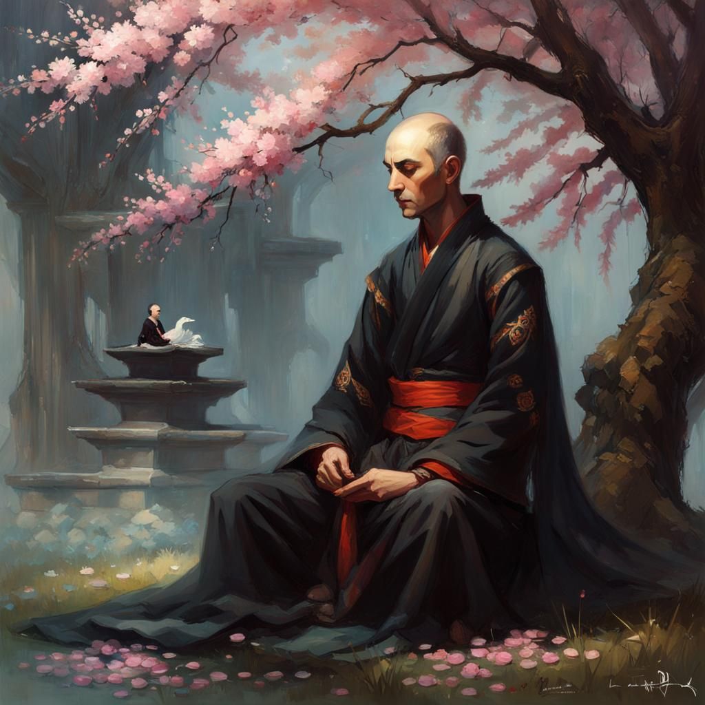 Meditating Half-Elf Monk Under Cherry Blossom Tree