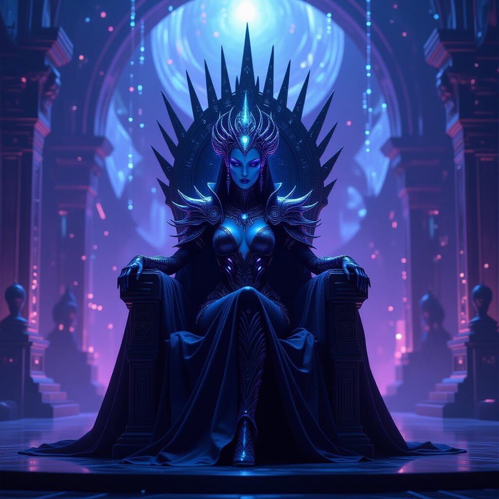 Regal Alien Queen on Obsidian Throne in Dark Cyberpunk Style
