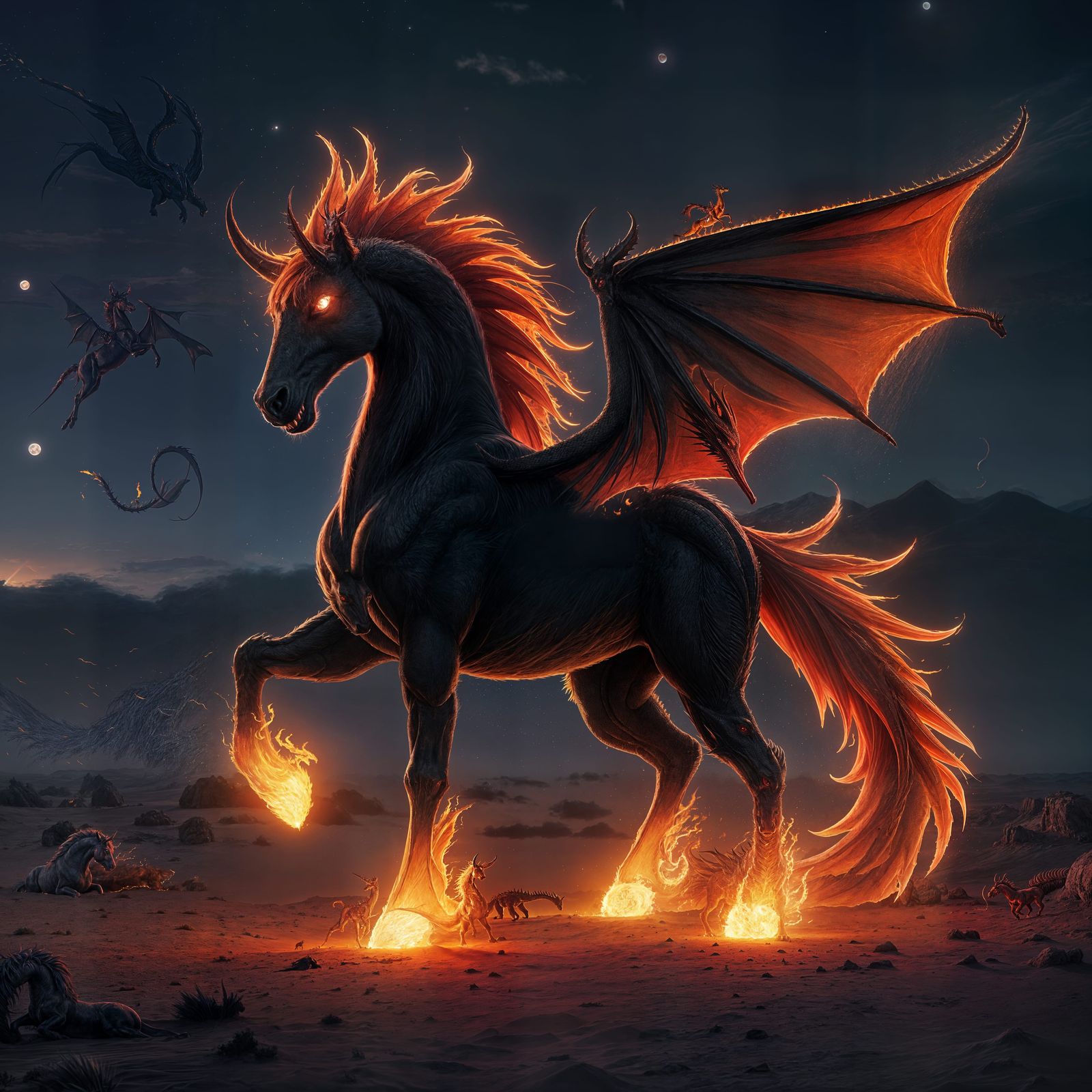 Majestic Black Dragon Horse Rears Up in the Desert Night