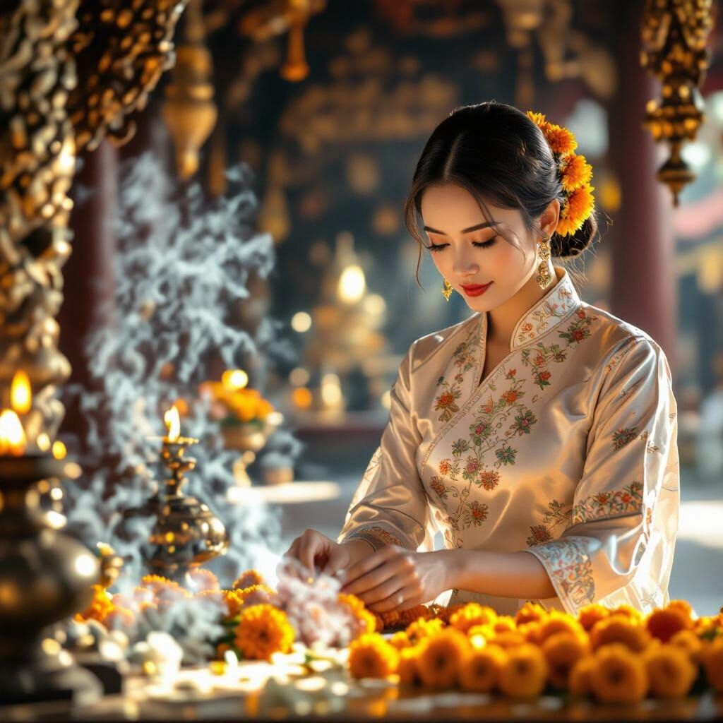 Thai Woman Arranging Marigolds in Temple, Photorealistic Sty...