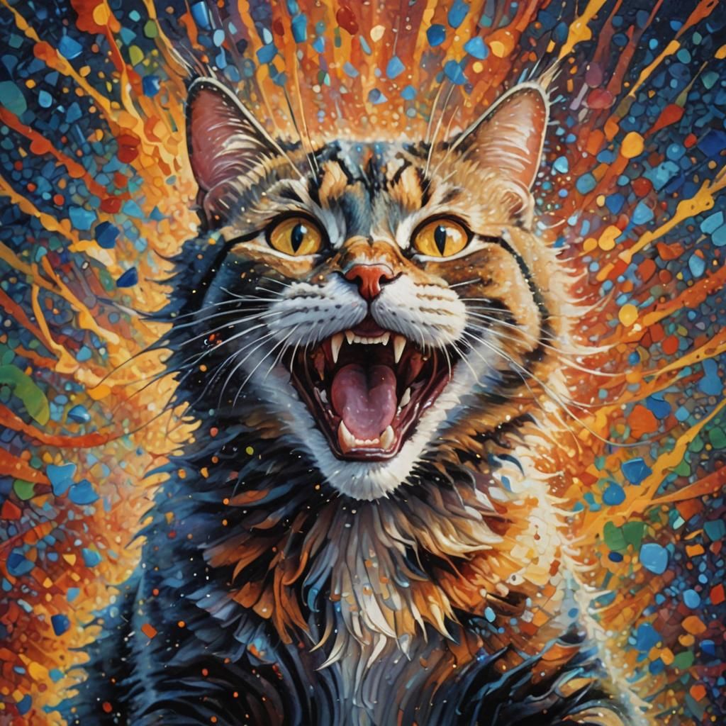 Laughing Cat in Pointillism Oil Painting